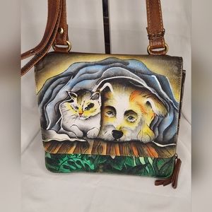 SHARIF HAND PAINTED DOG & KITTY LEATHER CROSSBODY